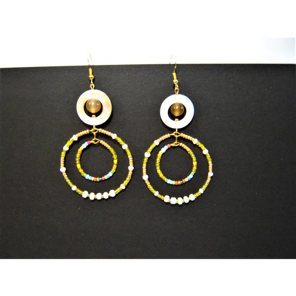 Mother of Pearl Glass beaded BOHO Dangle Hoop Earrings 2.5 in long - Picture 5 of 6